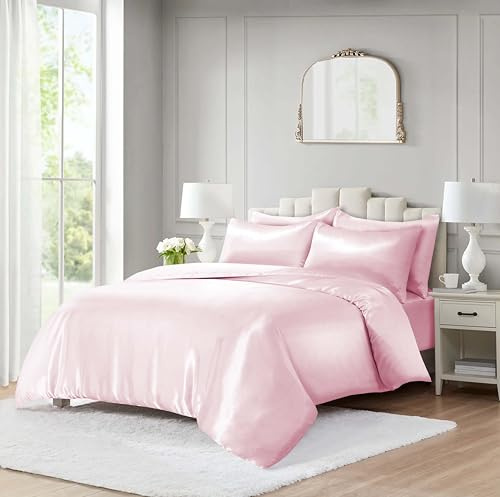 ROOEE 10 Piece Satin Silk Complete Bedding Set – Luxury Satin Duvet Cover, Silky Fitted Sheet with Matching Pillowcases, Sleep Mask, Hair Accessories & Storage Pouch (Baby Pink, Double)