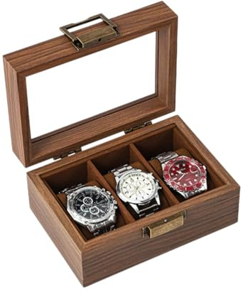 ROUREOX Custodia Display Conservazione Orologi Legno Coperchio Vetro Finitura Grana Marrone Organizer Orologi Multiple Slot Set per Rolex/OMEGA/Cartier - 17 * 12 * 8cm