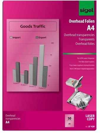 SIGEL LF420 OHP-Folien / Overheadfolien A4, 50 Blatt, für S/W-Laserdrucker Kopierer