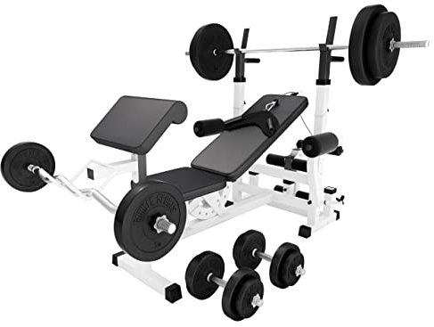 GORILLA SPORTS®Hantelbank mit Gewichten - 170 cm Hantelstange, 40/70/100 kg Hantelset, Beincurler, Butterfly, Dip-station, Curlpult - Trainingsbank, Fitnessstation, Kraftstation mit Langhantel