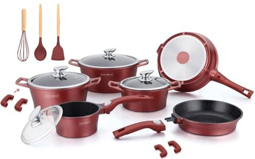 ROYALTY LINE Set aus 14 Töpfen und Pfannen aus Stein, Modell RL-ES2014M - Rot Bordeaux, Pfannen mit Schnellverschluss