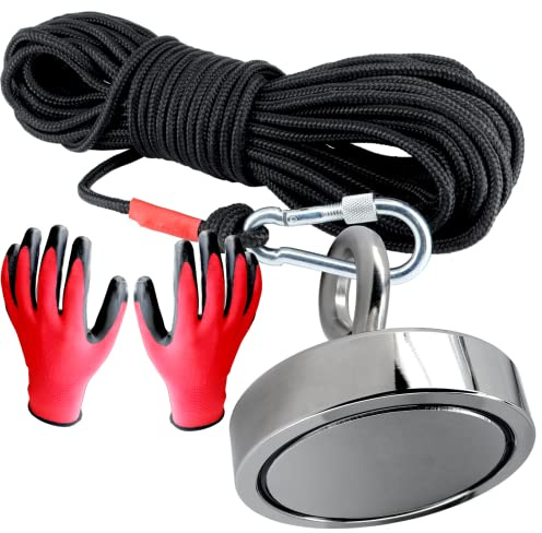 Bergemagnet Mit Seil 20 Meter - 75mm Ösenmagnet Mit M8 Gewinde - 200 KG Neodym Magnete 75 mm Durchmesser mit Öse - Topfmagnet Flachgreifer - Magnet Super Stark Power Magnete zum Fischen Sondeln Angeln