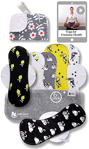 Compresas Reutilizables Ecológicas de Algodón Orgánico; 6-Pack + Bolsa (L+XL) Compresas de Tela Lavables HECHAS EN LA UE; Compresas Tela Mujer Organico alas para menstruación, postparto, incontinencia