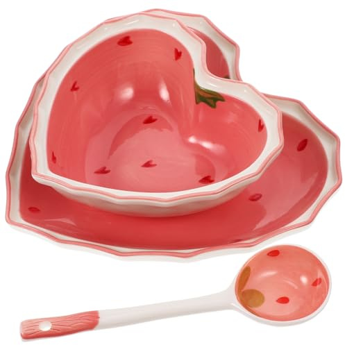 UPKOCH Valentine's Day Heart-Shaped Ceramic Tableware Set 3-Piece Pink Bowl Spoon & Tray for Salad Dessert Serving 8.3 Inch Dishwasher Safe Porcelain Dishware for Home Parties