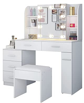 Senvoziii Schminktisch mit Glühbirnen & Schiebespiegel, Weiß Eitelkeits Make-up Tisch Set mit 5 Schubladen 6 Regalen, Modernes Frisiertisch Kosmetiktisch Hocker für Mädchen Frauen, Schlafzimmermöbel