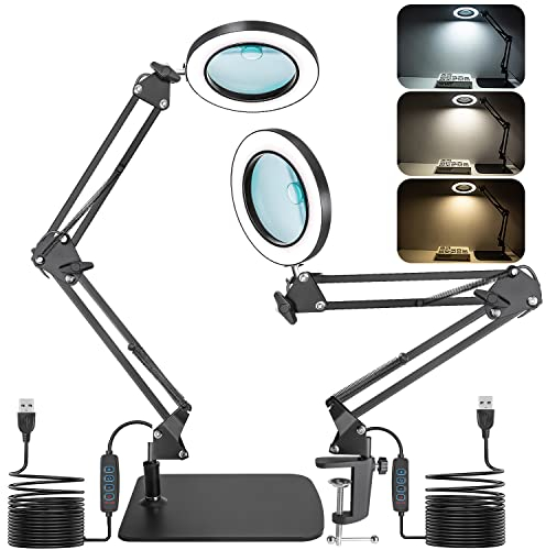 Jubor 2-in-1 Magnifying Glass with Light and Stand, 15X 10X LED Magnifying Lamp with Clamp and Base, Desk Magnifier Lamp with 3 Color Modes for Hobby Crafting, Repair, Reading