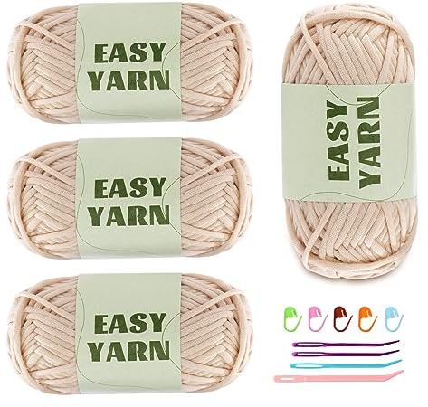 4 X 50g Häkelgarn Wolle zum Häkeln Dickes Garn Schlauchgarn zum häkeln Chenille Wolle zum Häkeln gut Sichtbare Maschen, Plüschwolle Dickes Baumwoll-Nylon-Beige mit Häkelzubehör