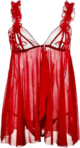 HOTSO Women Babydoll Lingerie Lace Sleepwear Nightwear Set, Women Mesh Sheer Naughty Lace Negligees Adjustable Strap Mesh Chemise Backless Translucent Nightdress Nightgown Ladies for Valentine's Day