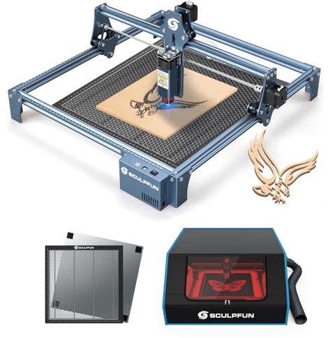 SCULPFUN S9 Laser Graviermaschine mit B1 Gehäuse, Honeycomb Waben-Arbeitstisch, 90W Effekt hochpräzise CNC Lasergravur Schneidemaschine für Holz Metall DIY Wohnkultur