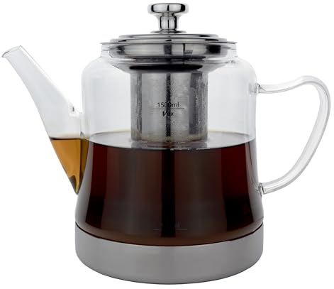 Café Olé Stovetop Teapot, Rust Resistant Stainless Steel Infuser and Base, Dishwasher Safe, 1.5L, Silver