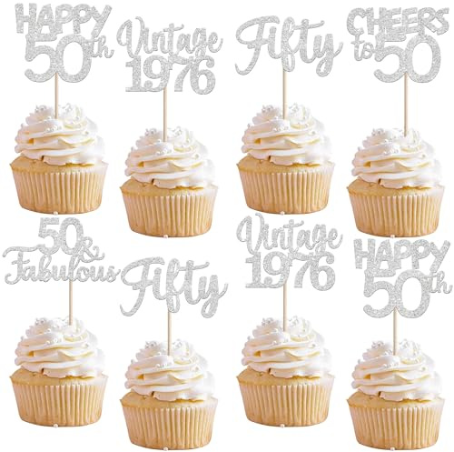 SYKYCTCY 30 Pack Happy 50th Birthday Cupcake Toppers Glitter Fifty Vintage 1976 Cupcake Picks Cheers to 50 Fabulous Cake Decorations for 50th Birthday Wedding Anniversary Party Supplies Silver