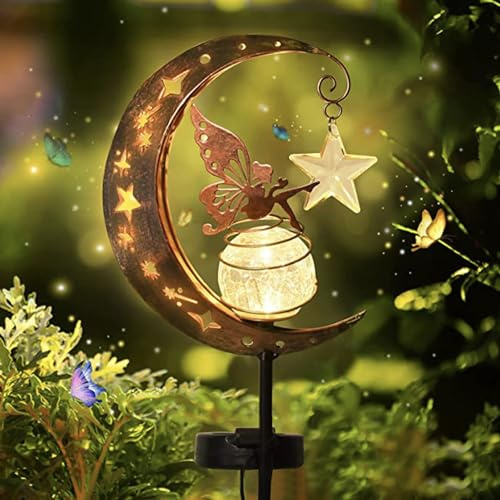 Mond Solarlampen für Außen Garten Deko für Draußen Wetterfest,Fee Garten Solarleuchten für Außen für Garten Terrasse Dekoration,Metall Solarstecker LED Glaskugel Gartenleuchte Wegeleuchten (Stern)