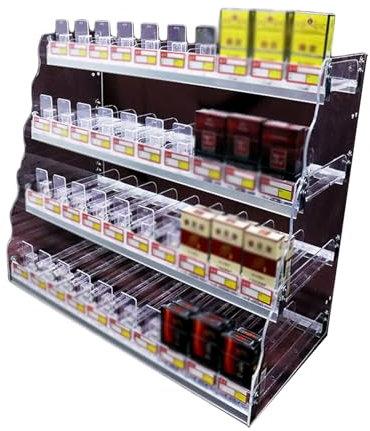 XPLKQXE An Der Wand Montierter Acryl-Vitrine, Automatischer Zigarettenschieber, Zigaretten-Displayhalter, Trapezförmiger Zigarettenregal-Organizer-Ständer Einzelhandel(63x29x37cm)
