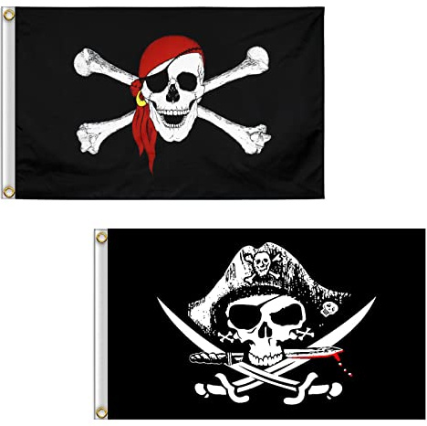 Jolly Roger Lot de 2 drapeaux de pirate pour décoration d'Halloween, jeu de pirate, fête de pirate, décoration d'Halloween, cosplay de pirate