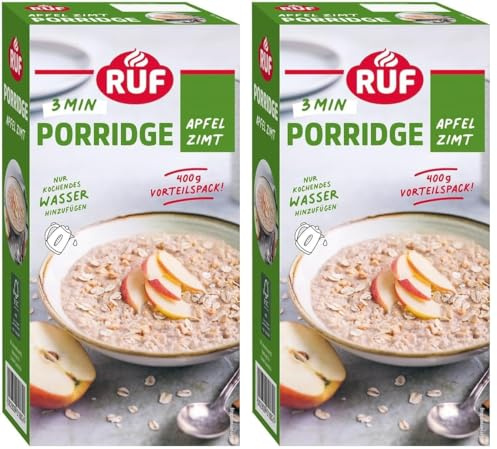 RUF Porridge Apfel Zimt, mit Vollkorn-Haferflocken, feiner Zimt-Note und getrockneten Apfel-Stückchen, für Zwischendurch, Vorratspackung, 1 x 400g (Packung mit 2)