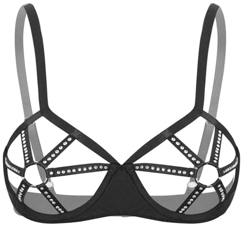 ranrann Femme Soutien-Gorge Ouvert Sein Nu Armature Balconette Bra Strass Brillant Push Up Top Lingerie Sexy S-5XL Noir 5XL