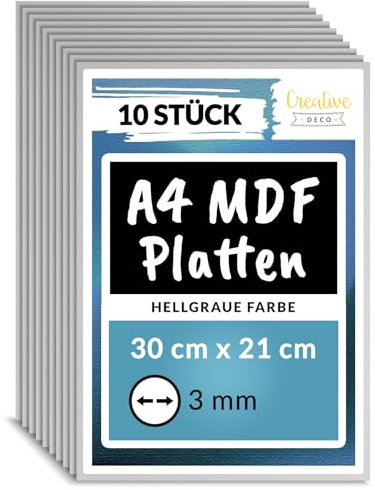 Creative Deco 10 x Graue A4 MDF Platten | 300 x 210 x 3 mm | Dünne Holz-Platten | Perfekt für Laser, CNC Router, Modellierung, Laubsäge