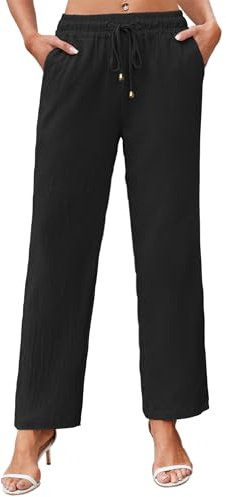 Outfit Spring Leichte Damen Leinenhose - Luftige Strandhose Lang Freizeithose Schlupfhose mit Hoher Taille Kordelzug Casual Elegant
