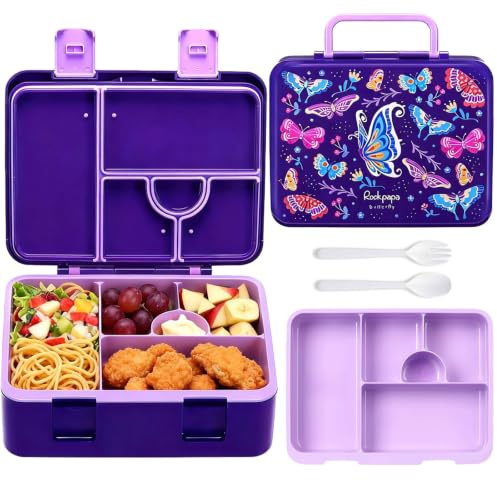rockpapa 5.5 Cups Bento Lunch Box for Kids, 5-Compartment, Butterfly | BPA-Free, Leak Proof, with Utensils & Handle, Microwave Safe, Dishwasher Safe, for School, Picnic, Boys, Girls