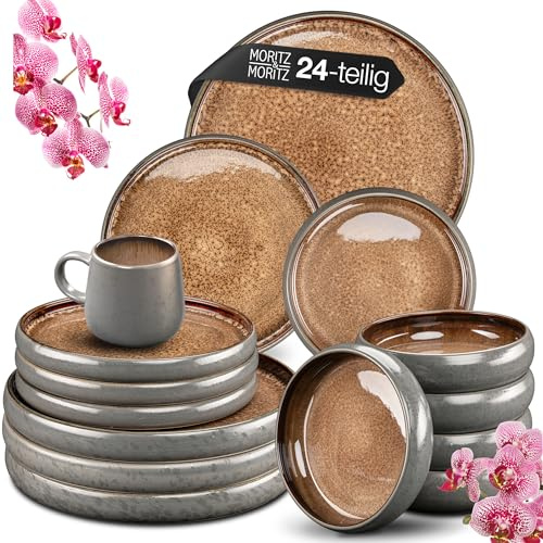 Moritz & Moritz Steingut Geschirr Set 6 Personen mit Tassen - 24-tlg. Geschirrset 6 Personen aus je 6 Dinner Teller, Kleine und Tiefe Teller und Tassen mit Henkel