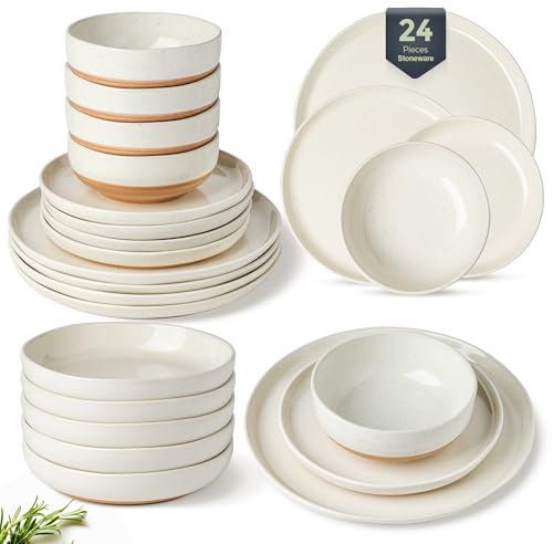 GBHOME 24-teiliges Tafelservice aus gesprenkeltem Steingut für 6 Personen – handbemalt und mit einzigartigem Wellenrand, spülmaschinen- und mikrowellengeeignet, Teller- und Schüssel-Set, Beige