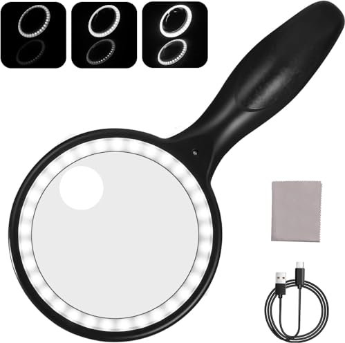 Lupe mit Licht, LED Handlupe mit 33 LED-Licht, 5X 20X 110mm Leselupe mit 3 Lichtmodi, USB-Aufladung Lupe mit Linsentuch für Hobbybeobachtung, Zeitungen, Lesen, Senioren, Kinder