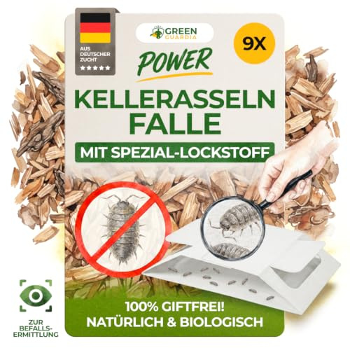 GREEN GUARDIA Kellerasseln Falle mit Spezial-Lockstoff - 9X Kellerasseln Falle - umweltfreundlich Kellerasseln bekämpfen, Chemiefreie Falle mit starker Klebefläche, giftfrei & geruchsneutral