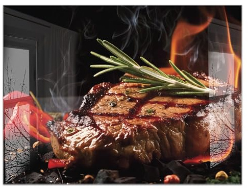 timalo Küchenbild aus Acrylglas modernes Wandbild Glasbild Deko Küche XXL Acryl-Bild wie Glas | 80x60cm Steak auf dem Grill - Grillen Barbecue BBQ
