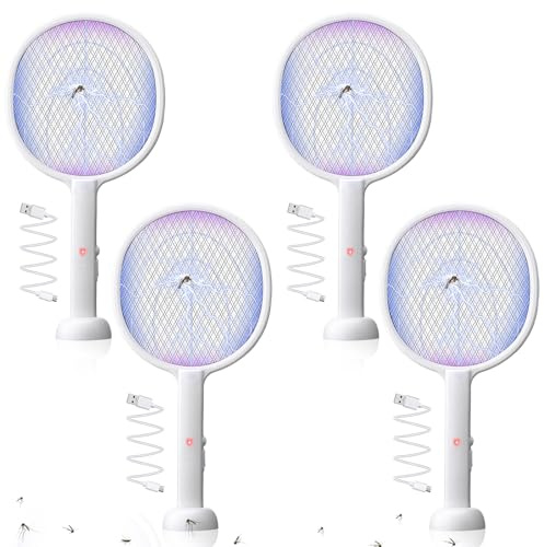 Qualirey 4 Pcs Electric Fly Swatter 3000V Bug Zapper Racket 2 in 1 Indoor Mosquito Killer with 3 Layer Safety Mesh USB Rechargeable Base with 400mah Battery for Indoor Outdoor Home Backyard Patio