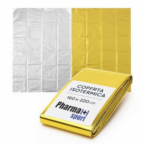 PHARMA+SPORT Coperta Termica Emergenza 160x220 cm Telo Isotermico Oro/Argento per Sopravvivenza, Primo Soccorso e Outdoor –Trattiene Calore e Protegge da Sole e Freddo 1 Pezzo