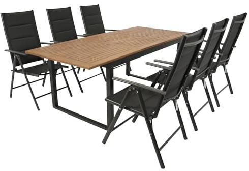 DEGAMO Gartenset Garnitur RIVELLO 7-teilig (6X Klappsessel, 1x Ausziehtisch 150/200x90cm), Alu anthrazit + Akazie geölt