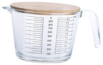 DONFAMDS Tazas Medidoras De Vidrio Transparente 1000 Ml Con Escala y Tapa De Madera Resistente Al Calor Herramienta De Cocina Para Hornear y Medir Con Alto Rendimiento Para Uso Doméstico