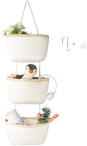 danpinera Over Door Hanging Organiser with 3 Woven Baskets, Rope Wall Hanging Basket for Bathroom, Bedroom, Nursery, Small Space Door Organizer, No Drilling Cabinet Alternative for Toys, white