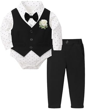 TiaoBug Baby Jungen Festlich Anzug Set Langarm Weißes Hemd Body + Anzugweste mit Anzughose und Fliege Hochzeits Party Sakko Smoking Taufe Kleidung Schwarz 86-92