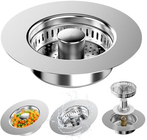 Abflusssieb Küchenspüle,Waschbeckenstöpsel Mit Sieb,3-In-1 Pop-Up Spüle Stöpsel,Edelstahl Abflussstopfen Küchenspüle, Kitchen Sink Strainer Spülbecken Sieb Für Spülbecken Bohrung 75-87mm, Tiefe > 37mm