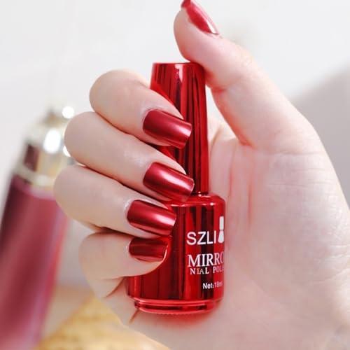 Chrome Nail Polish - Red Metallic Nail Varnish - Quick Dry Mirror Effect Nail Varnish - Long Lasting No UV Needed High Gloss Finish Chip Resistant Nail Paint for Women Gifts Nail Art DIY Manicure 18ml