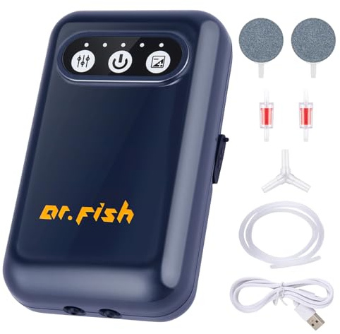Dr.Fish Aquarium-Luftpumpe, batteriebetrieben, 2600 mAh/5200 mAh, USB wiederaufladbar, bis zu 72 Stunden Laufzeit, leiser Belüfter, Bubbler-Pumpe für Outdoor-Angeln, Aquarium, Lebendködereimer