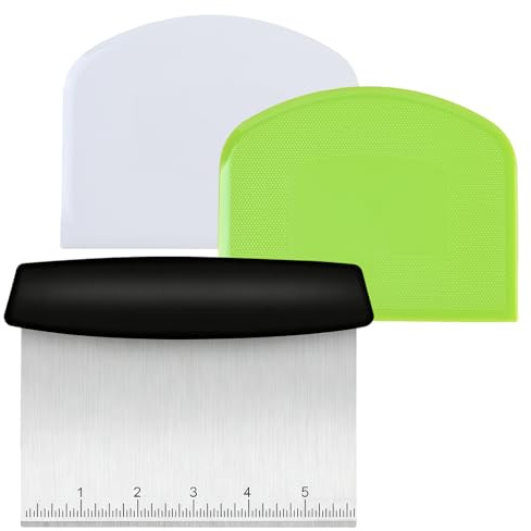 FooYee 3 Pcs Dough Scraper Cutter, Stainless Steel Dough Scraper with Handle and Measuring Scale Plastic Shape Spatulas, Flexible Dough Cutter for Pizza Pastry Bread Baking Cream Smoother
