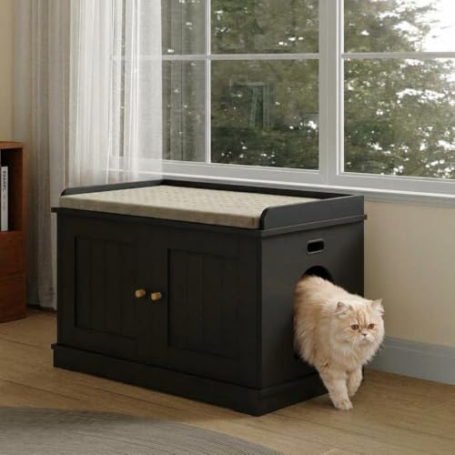 Litter Box Enclosure Furniture, Hidden Litter Cabinet, Pet Washroom with Storage Partition & Ventilation Holes, Dog Proof Covered Kitty Hideaway, Wooden Pet House, Pets Side Table Black