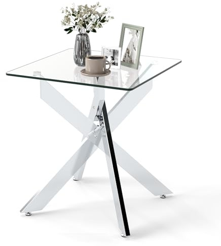 COSTWAY Tempered Glass Side Table, Square Sofa End Table Nightstand with Metal Tubular Legs, Modern High Gloss Coffee Tea Bedside Tables for Small Spaces, Living Room, Bedroom, 50x50x57cm, Silver