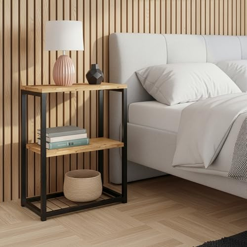 CARENZA HOME Nachttisch Eiche Natur 2 offene Ablagen – Beistelltisch schmal Metall Industrie Schlafzimmer Wohnzimmer – 44x29x63 cm (Oak, PERGAMON)