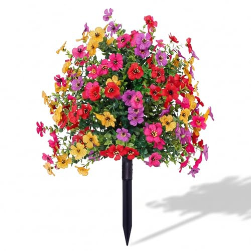 Otbushit Alberi artificiali in vaso da 17, 7 pollici con picchetti da terra, fiori finti da esterno resistenti ai raggi UV che sembrano veri, colori misti
