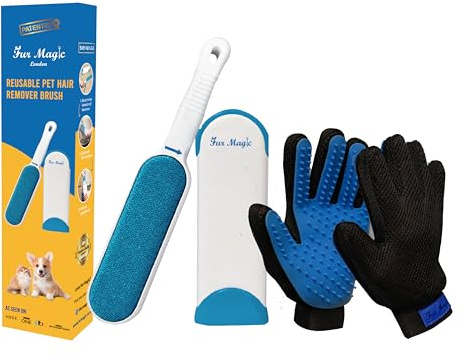 Fur Magic Reusable Pet Fur Remover Brush for Dogs Cats Remove Hair from Furniture Clothes Sofa + Pair of Grooming Gloves | Reusable, double-sided, removes pet fur from clothes, sofas, carpets and stairs, pair of massage gloves for dogs and cats