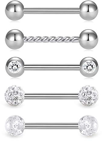 Crdifu 5 Pezzi Barbell Dritto Acciaio Inossidabile 14G 14mm Piercing Lingua Capezzolo Zirconi Sfera Gioielli per il Corpo