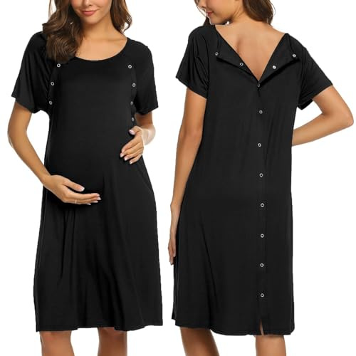 Ekouaer Women’s Nursing/Delivery/Labor/Hospital Nightdress Short Sleeve Maternity Nightgown with Button Black M