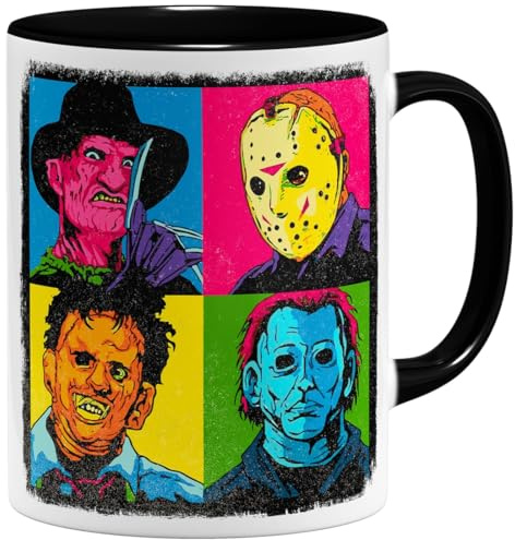 OM3® coole Kaffee-Tasse mit Pop-Art-Horror - Halloween Nightmare Serial Killers | Keramik Becher | 325ml | Beidseitig Bedruckt | Schwarz