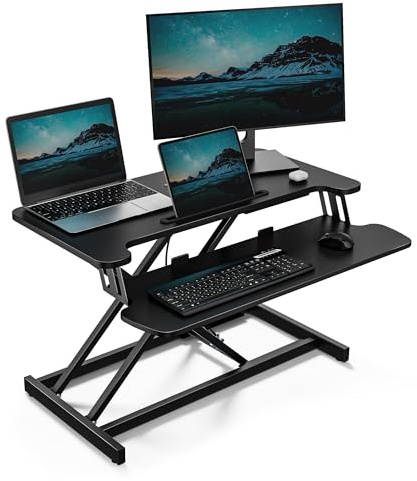 VonHaus Standing Desk Converter, Height Adjustable Computer Workstation with Keyboard Shelf, Dual Monitor Desk Riser w/Tablet Holder - 80x40cm (Black)