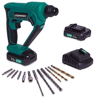 VONROC Marteau perforateur sans fil 20V VPower - 2 Batteries 2.0Ah et chargeur - 1.3 joule, SDS-plus, forets et embouts de vissage inclus