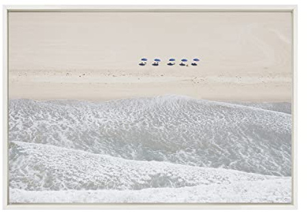 Kate and Laurel Sylvie Five Umbrellas Framed Canvas Wall Art by Caroline Mint, 23x33 White, Decorative Coastal Art for Wall