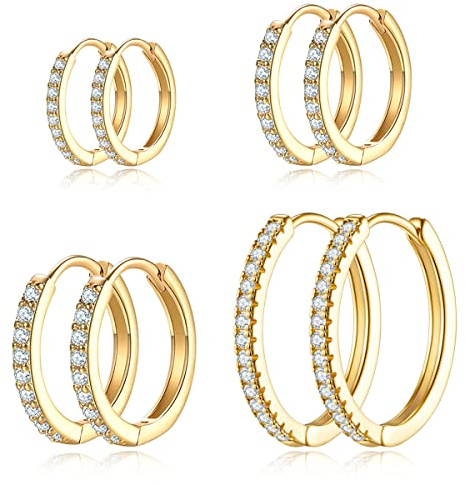 HESSAWELL Gold Hoop Ohrringe für Frauen Gold plattiert Cubic Zirkonia Hoop Ohrringe Set für Männer Lightweight Huggie Hoops Hypoallergenic Gold Ohrringe Set für Frauen Modeschmuck 4 Größen